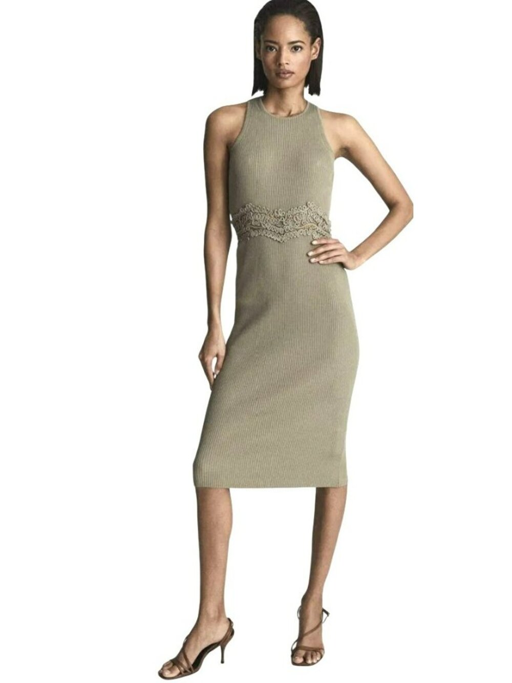Reiss Isabella Lace Detail Knit Midi Dress Khaki Size Large New